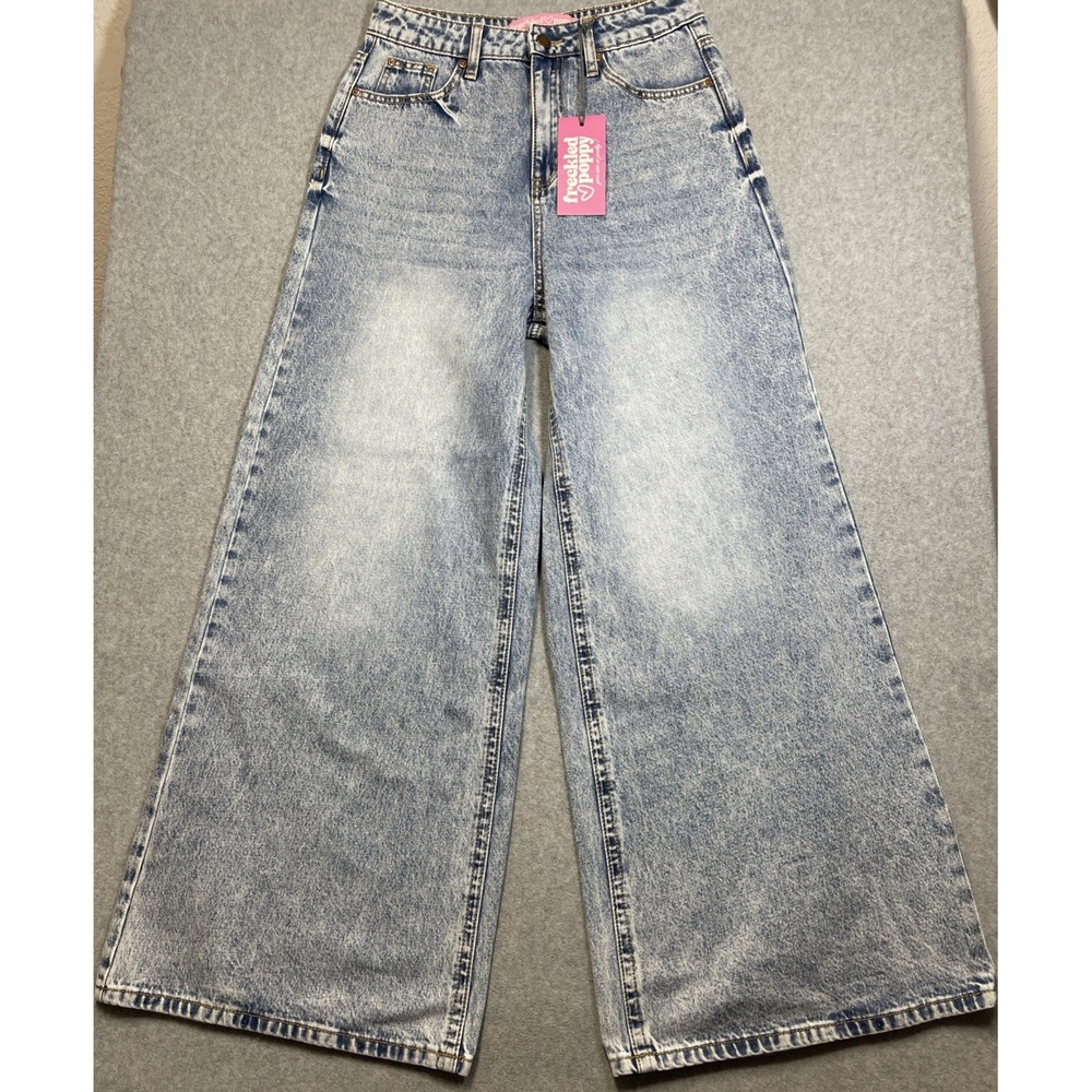 Freckled Poppy "The Lennon" High Rise Baggy Wide Leg Jeans Medium Acid Wash Sz S